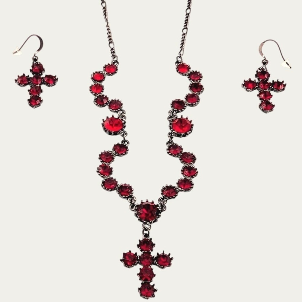VTG Victorian Revival Red Austrian Crystal Cross Necklace Dangle Earrings Set